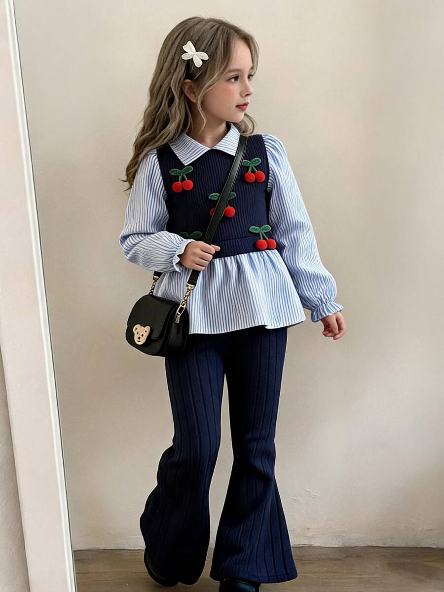 Toddler Girls 2pcs Polyester Lapel Collar Long Sleeve Striped Ruffle Applique Long Regular Fit Princess Shirt Set Back To School Fall Blue - Blue - View 1