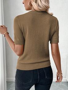 Calvaya Women's Solid Color Round Neck Short Sleeve Casual Knit Sweater, Spring And Autumn - Khaki - View 3