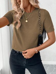 Calvaya Women's Solid Color Round Neck Short Sleeve Casual Knit Sweater, Spring And Autumn - Khaki - View 4