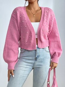 Calvaya Versatile Minimalist Solid Color Studded Cardigan,Long Sleeve Tops Fall Winter Cloth For Women - Pink - View 8