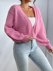 Calvaya Versatile Minimalist Solid Color Studded Cardigan,Long Sleeve Tops Fall Winter Cloth For Women - Pink - View 5