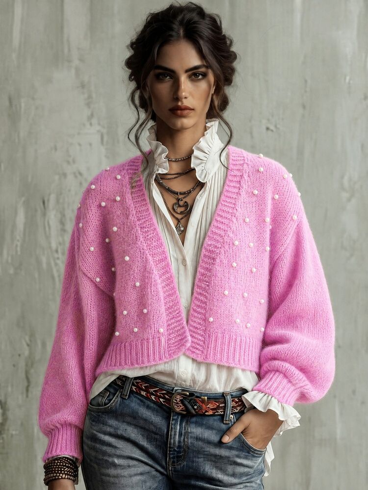 Calvaya Versatile Minimalist Solid Color Studded Cardigan,Long Sleeve Tops Fall Winter Cloth For Women - Pink - View 1
