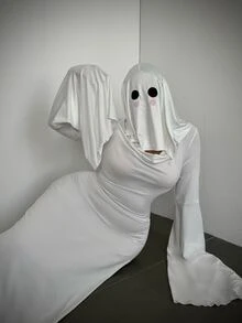 Whyspr Halloween Rabbit Ghost Cosplay Mermaid Long Dress, Dark Atmosphere Flared Sleeve Fitted Ghost Costume, Dark Gothic Droopy Ear Rabbit Ghost Cosplay Long Dress, Matte Satin Deep V Flared Sleeve Fitted Mermaid Evening Gown, Halloween Escape Room Female Ghost Atmosphere Costume Set - Black and White - View 3
