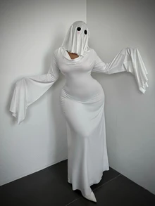 Whyspr Halloween Rabbit Ghost Cosplay Mermaid Long Dress, Dark Atmosphere Flared Sleeve Fitted Ghost Costume, Dark Gothic Droopy Ear Rabbit Ghost Cosplay Long Dress, Matte Satin Deep V Flared Sleeve Fitted Mermaid Evening Gown, Halloween Escape Room Female Ghost Atmosphere Costume Set - Black and White - View 7