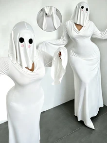 Whyspr Halloween Rabbit Ghost Cosplay Mermaid Long Dress, Dark Atmosphere Flared Sleeve Fitted Ghost Costume, Dark Gothic Droopy Ear Rabbit Ghost Cosplay Long Dress, Matte Satin Deep V Flared Sleeve Fitted Mermaid Evening Gown, Halloween Escape Room Female Ghost Atmosphere Costume Set - Black and White - View 1