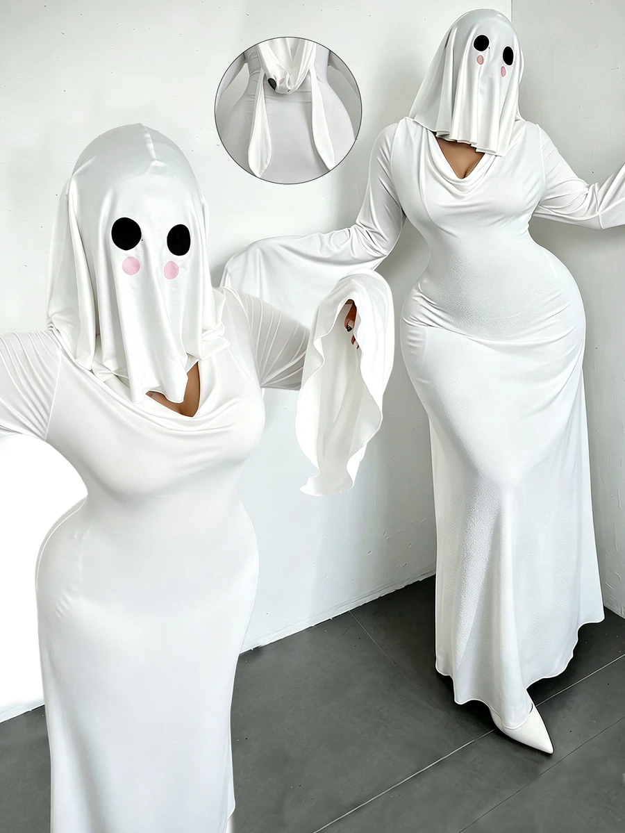 Whyspr Halloween Rabbit Ghost Cosplay Mermaid Long Dress, Dark Atmosphere Flared Sleeve Fitted Ghost Costume, Dark Gothic Droopy Ear Rabbit Ghost Cosplay Long Dress, Matte Satin Deep V Flared Sleeve Fitted Mermaid Evening Gown, Halloween Escape Room Female Ghost Atmosphere Costume Set - Black and White - View 1