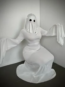 Whyspr Halloween Rabbit Ghost Cosplay Mermaid Long Dress, Dark Atmosphere Flared Sleeve Fitted Ghost Costume, Dark Gothic Droopy Ear Rabbit Ghost Cosplay Long Dress, Matte Satin Deep V Flared Sleeve Fitted Mermaid Evening Gown, Halloween Escape Room Female Ghost Atmosphere Costume Set - Black and White - View 6