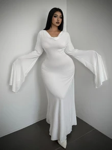 Whyspr Halloween Rabbit Ghost Cosplay Mermaid Long Dress, Dark Atmosphere Flared Sleeve Fitted Ghost Costume, Dark Gothic Droopy Ear Rabbit Ghost Cosplay Long Dress, Matte Satin Deep V Flared Sleeve Fitted Mermaid Evening Gown, Halloween Escape Room Female Ghost Atmosphere Costume Set - Black and White - View 4