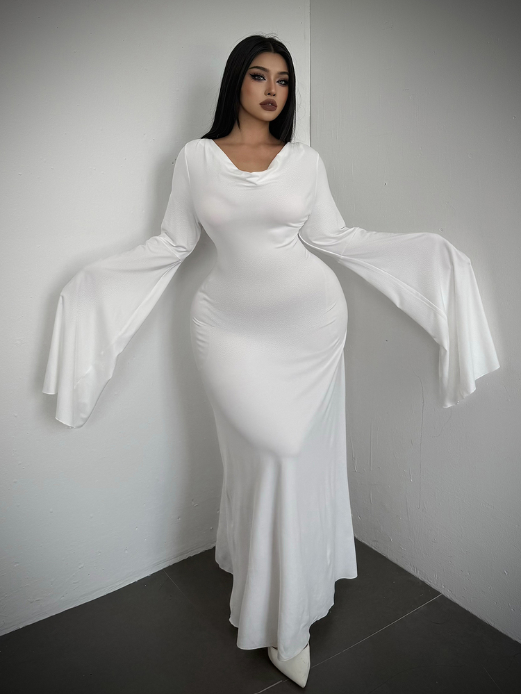 Whyspr 萬聖節兔子幽靈 Cosplay 美人魚長洋裝，暗黑氛圍喇叭袖修身幽靈服裝，暗黑哥德垂耳兔子幽靈 Cosplay 長洋裝，啞光緞面深 V 喇叭袖修身美人魚晚禮服，萬聖節密室逃脫女性幽靈氛圍服裝套裝 - 黑與白 - 查看 4