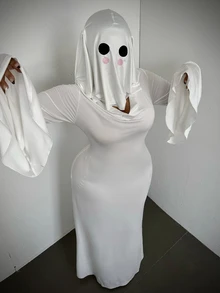 Whyspr Halloween Rabbit Ghost Cosplay Mermaid Long Dress, Dark Atmosphere Flared Sleeve Fitted Ghost Costume, Dark Gothic Droopy Ear Rabbit Ghost Cosplay Long Dress, Matte Satin Deep V Flared Sleeve Fitted Mermaid Evening Gown, Halloween Escape Room Female Ghost Atmosphere Costume Set - Black and White - View 5