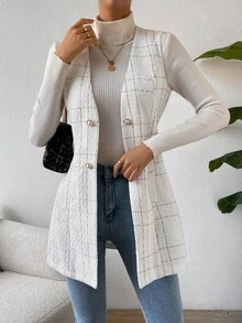 Calvaya Double Breasted Detail Slant Pocket Vest Coat - White - View 5