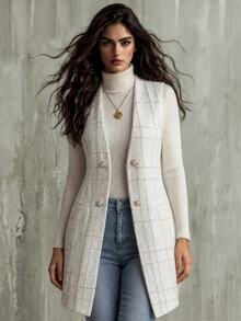 Calvaya Double Breasted Detail Slant Pocket Vest Coat - White - View 1