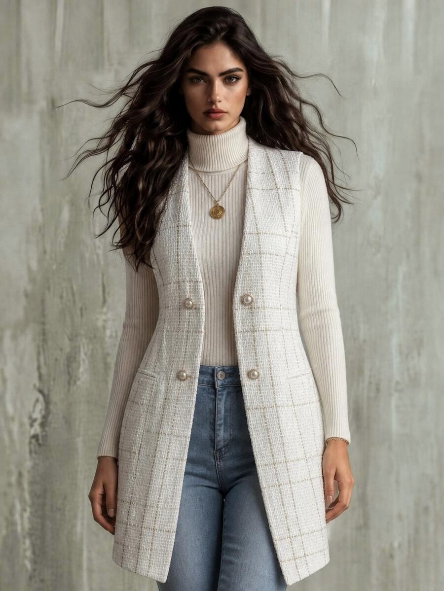 Calvaya Double Breasted Detail Slant Pocket Vest Coat - White - View 1