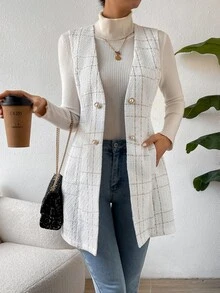 Calvaya Double Breasted Detail Slant Pocket Vest Coat - White - View 3