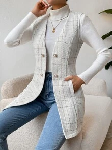 Calvaya Double Breasted Detail Slant Pocket Vest Coat - White - View 7