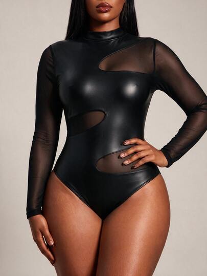 Radiana Body sexy negro transparente con patchwork para mujer talla grande, ropa de calle, ropa de discoteca, ropa de club, atuendo de Halloween, ropa de vacaciones