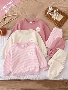 SHEIN 3件組可愛花卉拼接純色長袖運動衫，適合女嬰 - 彩色 - 查看 5
