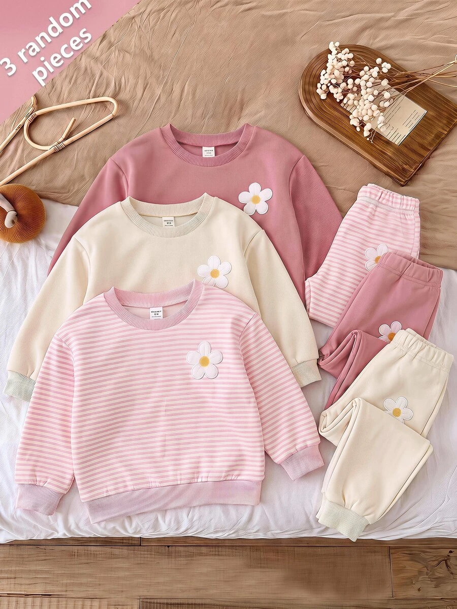 SHEIN 3pcs/Set Cute Floral Patchwork Solid Color Long Sleeve Sweatshirt For Baby Girls - Multicolor - View 1