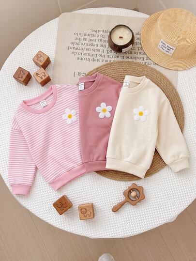SHEIN 3pcs/Set Cute Floral Patchwork Solid Color Long Sleeve Autumn Winter Sweatshirt For Baby Girls