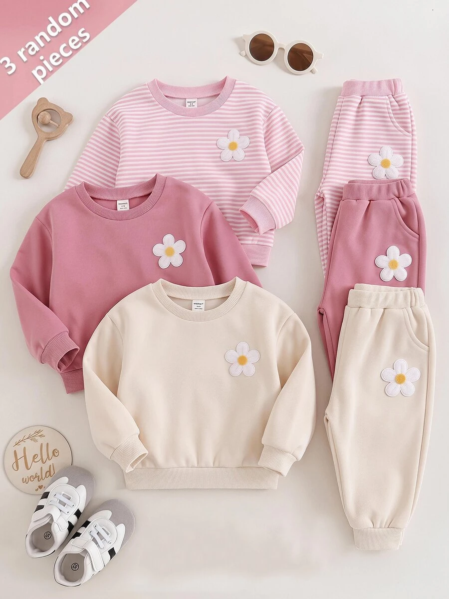 SHEIN 3件組可愛花卉拼接純色長袖運動衫,適合女嬰 - 彩色 - 查看 1