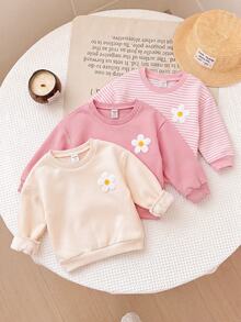 SHEIN 3件組可愛花卉拼接純色長袖運動衫，適合女嬰 - 彩色 - 查看 7