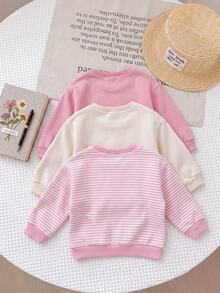 SHEIN 3件組可愛花卉拼接純色長袖運動衫，適合女嬰 - 彩色 - 查看 2