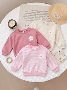 SHEIN 3件組可愛花卉拼接純色長袖運動衫，適合女嬰 - 彩色 - 查看 10