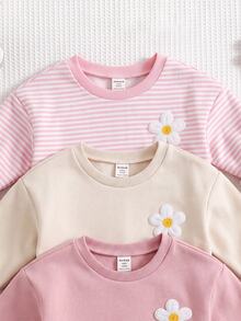 SHEIN 3件組可愛花卉拼接純色長袖運動衫，適合女嬰 - 彩色 - 查看 3