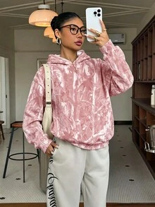 青少年女孩休閒極簡街頭風仿水洗效果樹枝迷彩滿版印花薄款運動衫，適合秋冬與春夏，運動風 - 白色 - 查看 4