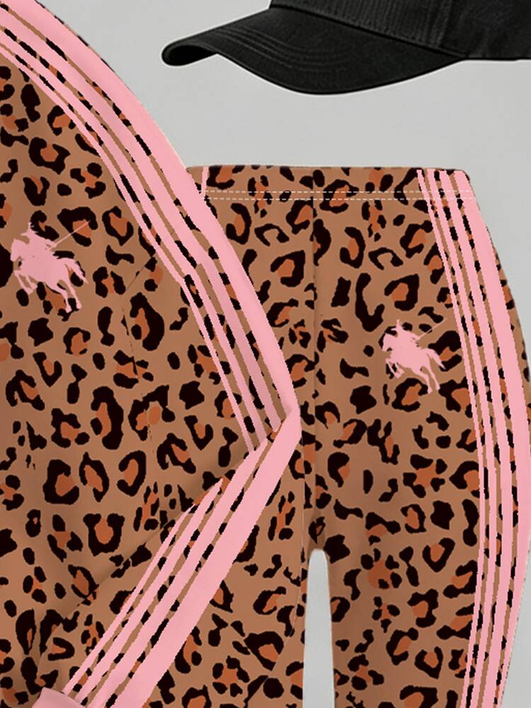 Vintage Fashion Leopard Print Contrast Stripe, Tween Girl Casual Crew Neck Long Sleeve Sweatshirt & Slim Fit Pants 2 Pieces Set, Suitable For Autumn/Winter Daily Wear, Outings, Campus, Sports, Back To School, Relaxed Chic, American Street Style - White - View 7