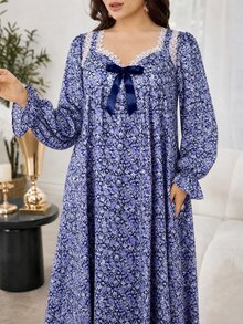 Lacomfia 女款方領長袖蕾絲蝴蝶結優雅大尺碼洋裝 - 藍色 - 查看 6
