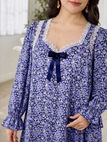 Lacomfia 女款方領長袖蕾絲蝴蝶結優雅大尺碼洋裝 - 藍色 - 查看 3