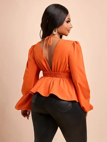 Brilight V Puff Slim Waist Ruffle Hem Elegant Crop Top For Office Date Brunch Daily Party Outfit - Orange - View 2