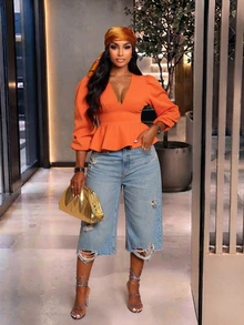 Brilight V Puff Slim Waist Ruffle Hem Elegant Crop Top For Office Date Brunch Daily Party Outfit - Orange - View 1