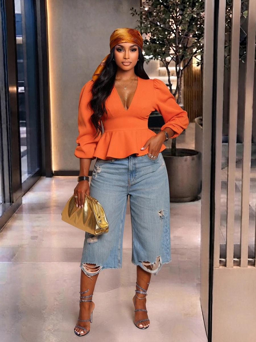 Brilight V Puff Slim Waist Ruffle Hem Elegant Crop Top For Office Date Brunch Daily Party Outfit - Orange - View 1