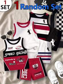 Baby Boys Random Speed Racing Striped Colorblock Horse Print Crew Neck Sleeveless Tank Top And Shorts 2pcs Set Summer Sports Outfits - Multicolor - View 1