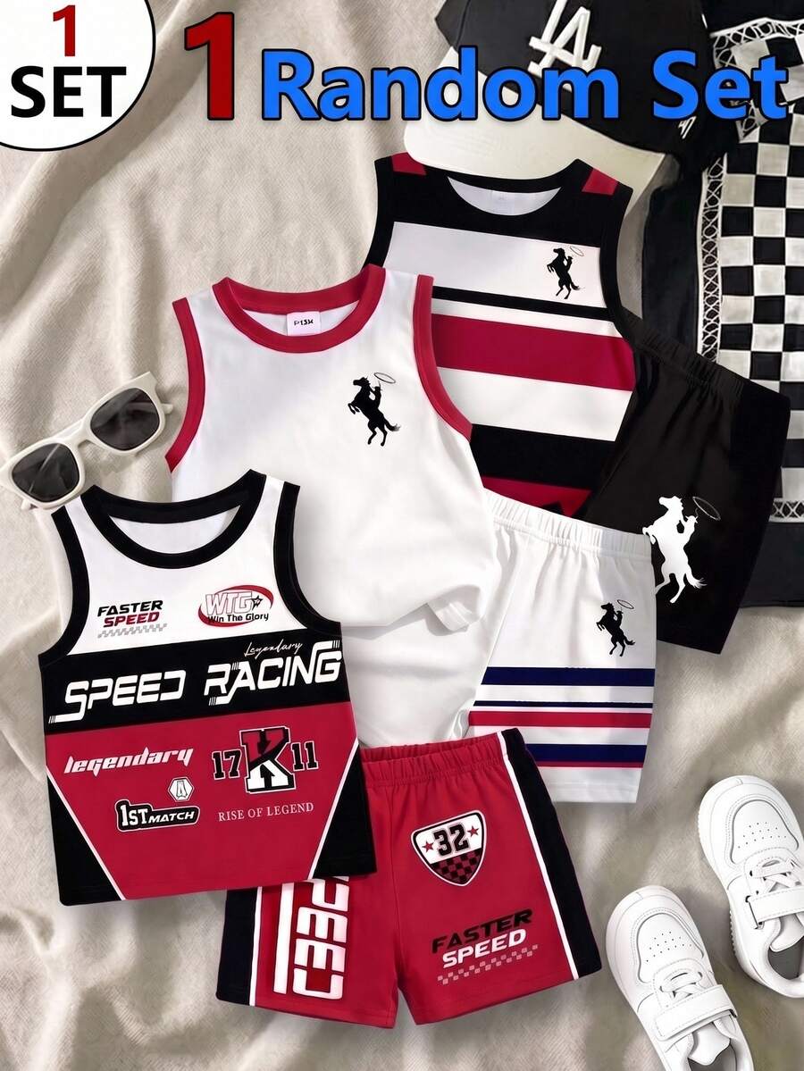 Baby Boys Random Speed Racing Striped Colorblock Horse Print Crew Neck Sleeveless Tank Top And Shorts 2pcs Set Summer Sports Outfits - Multicolor - View 1