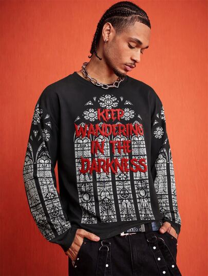 Street Life Camiseta de manga larga casual con estampado de letras para uso diario para hombres