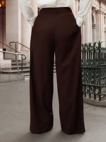 micahgianneli 女装极简时尚深咖啡超大阔腿裤通勤裤棕色阔腿裤女高腰阔腿裤秋冬棕色西装裤 - 咖啡棕 - 查看 6