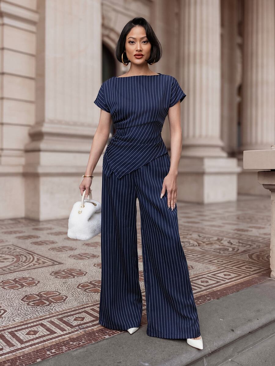 micahgianneli 女款優雅海軍藍白條紋兩件套,夏季辦公收腰不對稱下擺襯衫與寬腿褲,時尚商務套裝 - 藍白色 - 查看 1