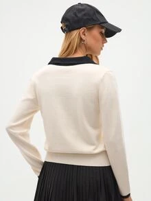 Eassivo Eassivo 常规版型撞色边时尚长袖运动 Polo 衫 - 白色 - 查看 4