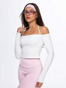 Eassivo Eassivo Camiseta Casual Esportiva de Manga Longa Minimalista de Cor Sólida para Mulheres - Amarelo - Visão 9