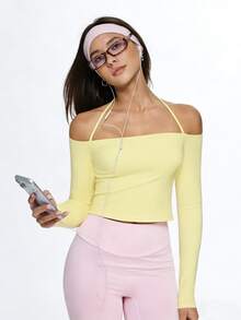 Eassivo Eassivo Camiseta Casual Esportiva de Manga Longa Minimalista de Cor Sólida para Mulheres - Amarelo - Visão 6