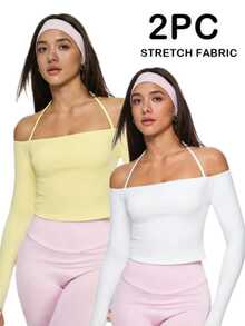 Eassivo Eassivo Camiseta Casual Esportiva de Manga Longa Minimalista de Cor Sólida para Mulheres - Amarelo - Visão 3