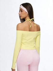 Eassivo Eassivo Camiseta Casual Esportiva de Manga Longa Minimalista de Cor Sólida para Mulheres - Amarelo - Visão 2