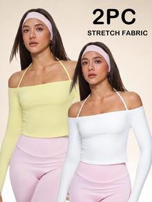 Eassivo Eassivo Camiseta Casual Esportiva de Manga Longa Minimalista de Cor Sólida para Mulheres - Amarelo - Visão 1