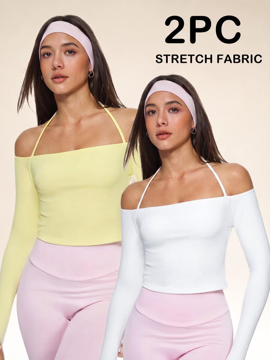 Eassivo Eassivo Camiseta Casual Esportiva de Manga Longa Minimalista de Cor Sólida para Mulheres - Amarelo - Visão 1