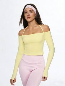 Eassivo Eassivo Camiseta Casual Esportiva de Manga Longa Minimalista de Cor Sólida para Mulheres - Amarelo - Visão 4