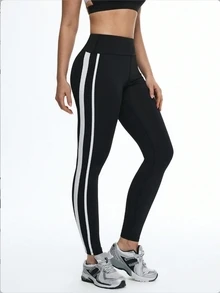 SHEIN Sports Fitted Striped Breathable Casual Fitness Leggings - Black - View 5