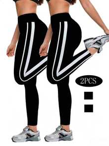 SHEIN Sports Fitted Striped Breathable Casual Fitness Leggings - Black - View 3